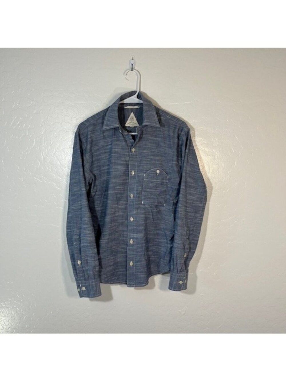 Umber and Ochre Shirt Mens Small Chambray Button up Long Sleeve Gray Blue